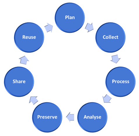 A diagram showing the stages of the research data lifecycle as a continuous circle